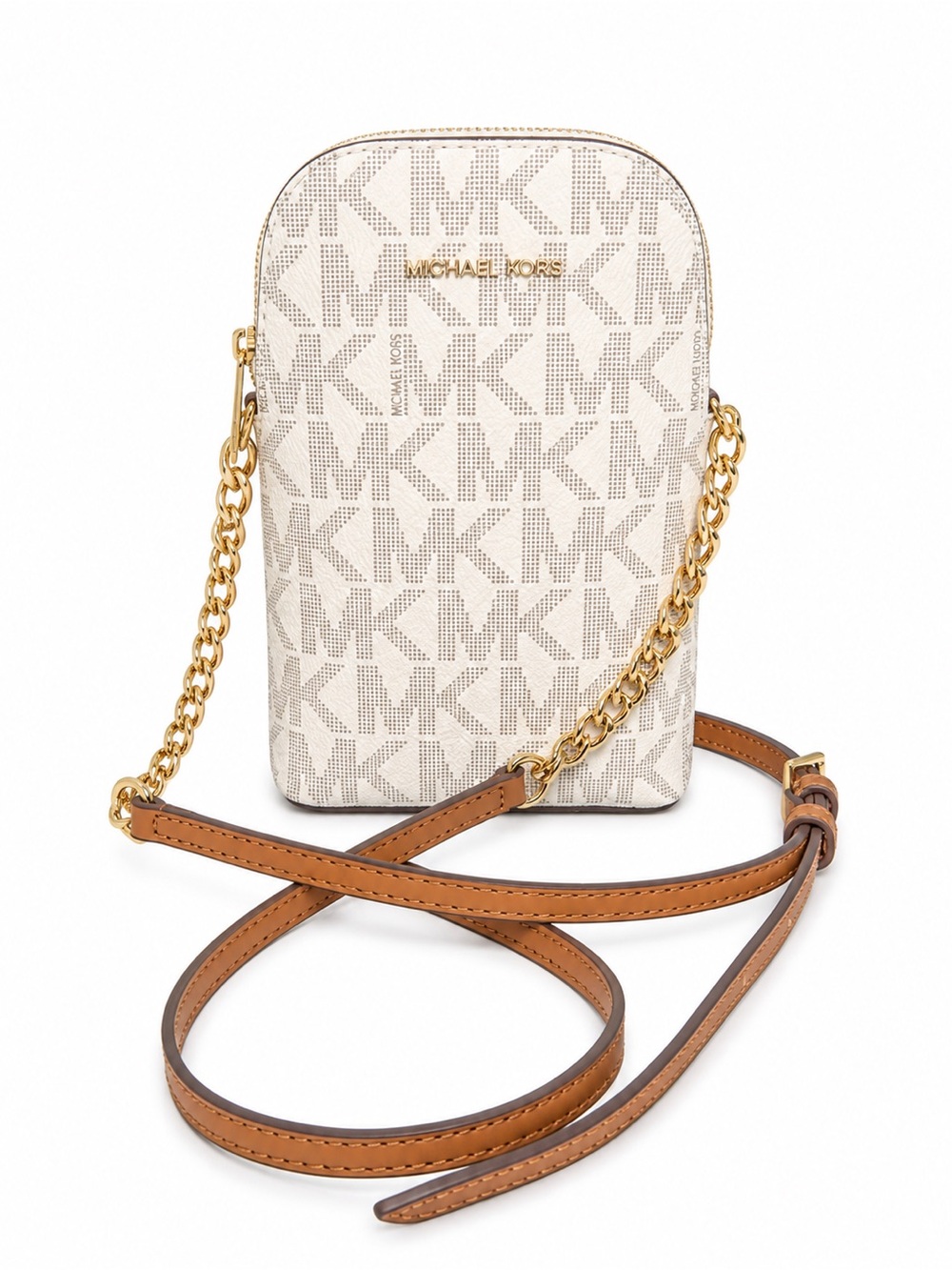 Michael Kors Cream MK Logo Crossbody with Tan Leather Strap & Gold Chain